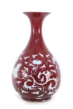 Pair of Chinese Burgundy and White Botanical Motif Porcelain Vases - 4629310