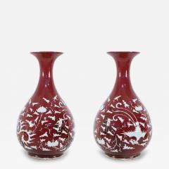 Pair of Chinese Burgundy and White Botanical Motif Porcelain Vases - 4631027