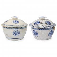 Pair of Chinese Mixed Blue White Porcelain Covered Bowls with Bird Decoration - 4695078