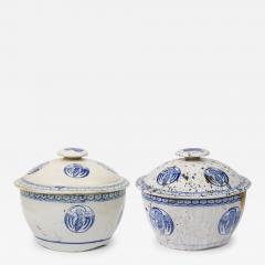 Pair of Chinese Mixed Blue White Porcelain Covered Bowls with Bird Decoration - 4695277