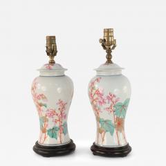 Pair of Chinese Off White Orange and Pink Floral Motif Porcelain Table Lamps - 4196058
