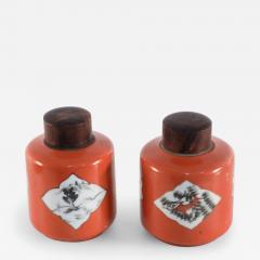 Pair of Chinese Orange Lidded Porcelain Jars - 4260607