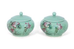 Pair of Chinese Pale Green and Pink Blossom Lidded Jars - 4408824
