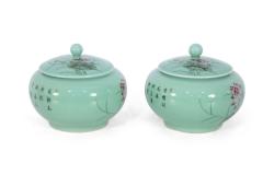 Pair of Chinese Pale Green and Pink Blossom Lidded Jars - 4408827