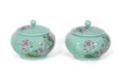Pair of Chinese Pale Green and Pink Blossom Lidded Jars - 4408828