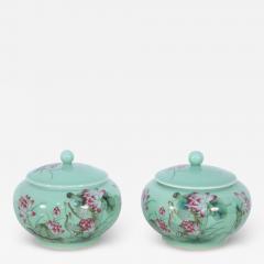Pair of Chinese Pale Green and Pink Blossom Lidded Jars - 4412510