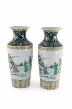 Pair of Chinese Qing Dynasty Style Garden Scene Porcelain Sleeve Vases - 4198321