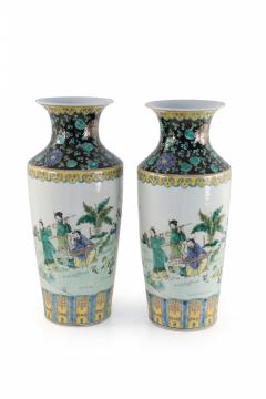 Pair of Chinese Qing Dynasty Style Garden Scene Porcelain Sleeve Vases - 4198322