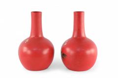 Pair of Chinese Red Flower Design Hand Painted Porcelain Vases - 4408317