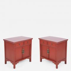Pair of Chinese Red Painted Wooden Commodes Side Tables - 2799125
