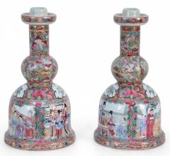 Pair of Chinese Rose Medallion and Genre Scene Candle Holders - 4408219