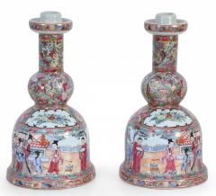 Pair of Chinese Rose Medallion and Genre Scene Candle Holders - 4408220