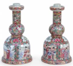 Pair of Chinese Rose Medallion and Genre Scene Candle Holders - 4408221