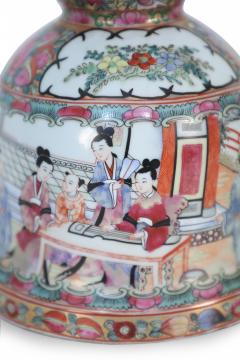 Pair of Chinese Rose Medallion and Genre Scene Candle Holders - 4408222