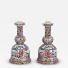 Pair of Chinese Rose Medallion and Genre Scene Candle Holders - 4412467