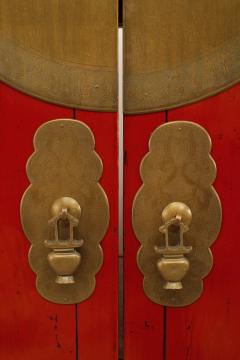 Pair of Chinese Style Brass and Red Lacquered Armoire Cabinets - 2798736