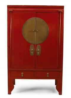 Pair of Chinese Style Brass and Red Lacquered Armoire Cabinets - 2798737