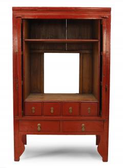 Pair of Chinese Style Brass and Red Lacquered Armoire Cabinets - 2798738