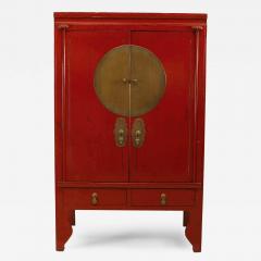 Pair of Chinese Style Brass and Red Lacquered Armoire Cabinets - 2799559