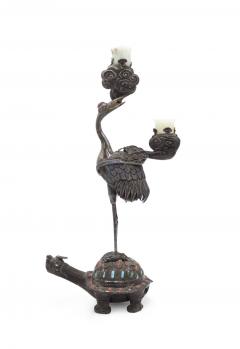 Pair of Chinese Style Silver Heron and Turtle Candelabras - 4200432