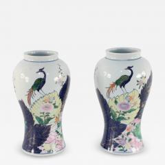 Pair of Chinese White Peacock and Floral Design Urn Shaped Porcelain Vases - 4412622
