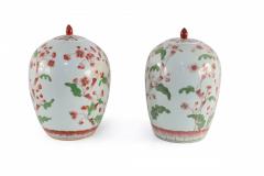 Pair of Chinese White and Pink Cherry Blossom Motif Lidded Porcelain Urns - 4408570