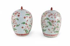 Pair of Chinese White and Pink Cherry Blossom Motif Lidded Porcelain Urns - 4408574