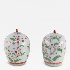 Pair of Chinese White and Pink Cherry Blossom Motif Lidded Porcelain Urns - 4412612
