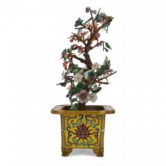 Pair of Chinese hardstone jade and cloisonn enamel flower tree models - 3606560