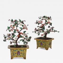 Pair of Chinese hardstone jade and cloisonn enamel flower tree models - 3611084