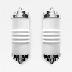 Pair of Chrome Streamline Art Deco Sconces w Molded Glass Tubular Inserts - 183883