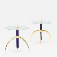 Pair of Cobalt Blue Murano Glass and Brass Circular Tripod End or Side Tables - 1180488