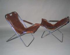 Pair of Collapsible French Mid Century Modern Leather Lounge Chairs by Lama - 1799532