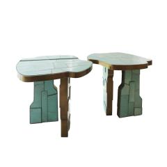 Pair of Contemporary Italian Blue Turquois Side Tables Made of Ceramic and Brass - 3228021