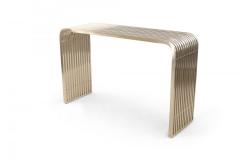 Pair of Contemporary Silver Metal Curved Metal Slat Console Tables - 4652293