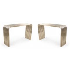 Pair of Contemporary Silver Metal Curved Metal Slat Console Tables - 4700406