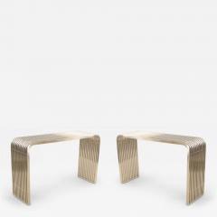Pair of Contemporary Silver Metal Curved Metal Slat Console Tables - 4700582