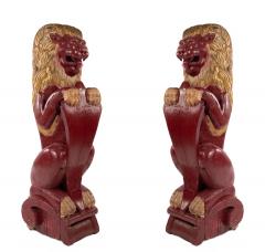 Pair of Continental Dutch Red Painted Pine Lions - 4631170