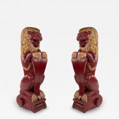 Pair of Continental Dutch Red Painted Pine Lions - 4631172