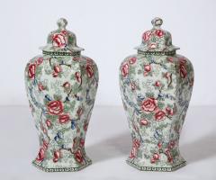 Pair of Covered Hexagonal Urns in a Chintz Pattern - 2234654