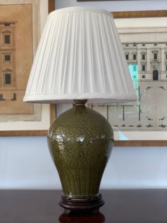 Pair of Crackle Celadon Green Table Lamps with Foliate Motif 20th Century  - 2939456