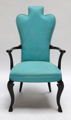 Pair of Custom Black Lacquer Armchairs in Turquoise Leather - 301897