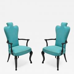 Pair of Custom Black Lacquer Armchairs in Turquoise Leather - 302072
