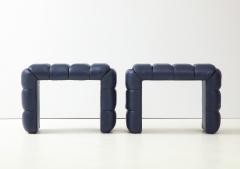 Pair of Custom Channel Tufted Blue Leather Stools or Benches Italy 2021 - 2261487