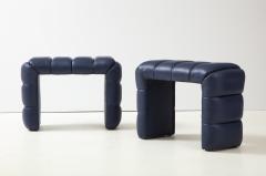 Pair of Custom Channel Tufted Blue Leather Stools or Benches Italy 2021 - 2261489