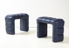 Pair of Custom Channel Tufted Blue Leather Stools or Benches Italy 2021 - 2261491