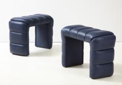 Pair of Custom Channel Tufted Blue Leather Stools or Benches Italy 2021 - 2261495