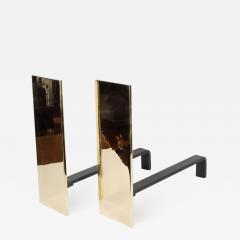 Pair of Custom Mid Century Modernist Style Polished Brass Rectangular Andirons - 1580253