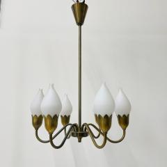 Pair of Danish Mid Century Modern Tulip Form Chandeliers Pendants Opal Glass - 3080691