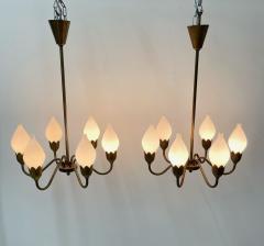 Pair of Danish Mid Century Modern Tulip Form Chandeliers Pendants Opal Glass - 3080696